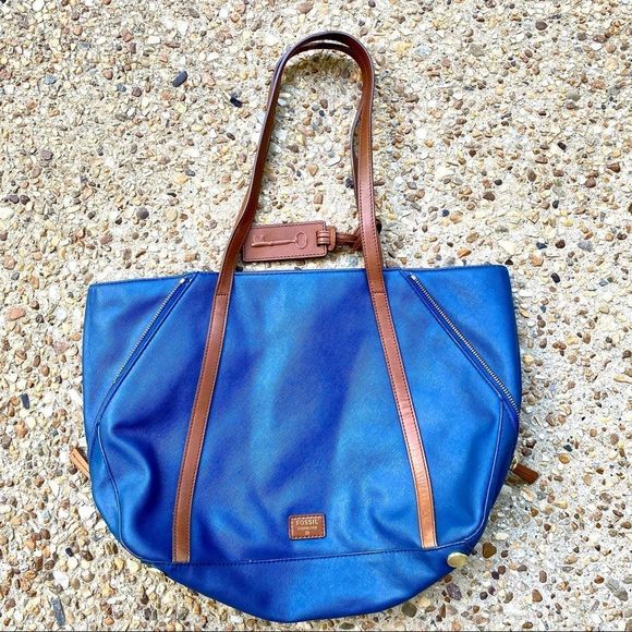FOSSIL Ava Shopper Blue Shoulder Zipper Tote - Picture 2 of 14